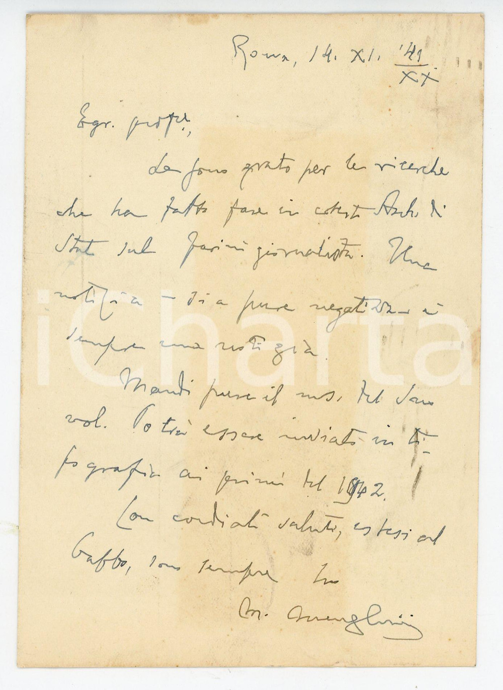 1941 ROMA Cartolina Mario MENGHINI per stampa volume - Autografo FG VG