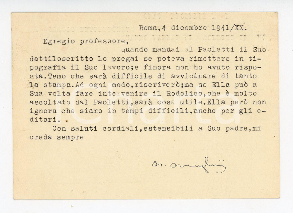 1941 ROMA Cartolina Mario MENGHINI per stampa di un lavoro - Autografo FG VG