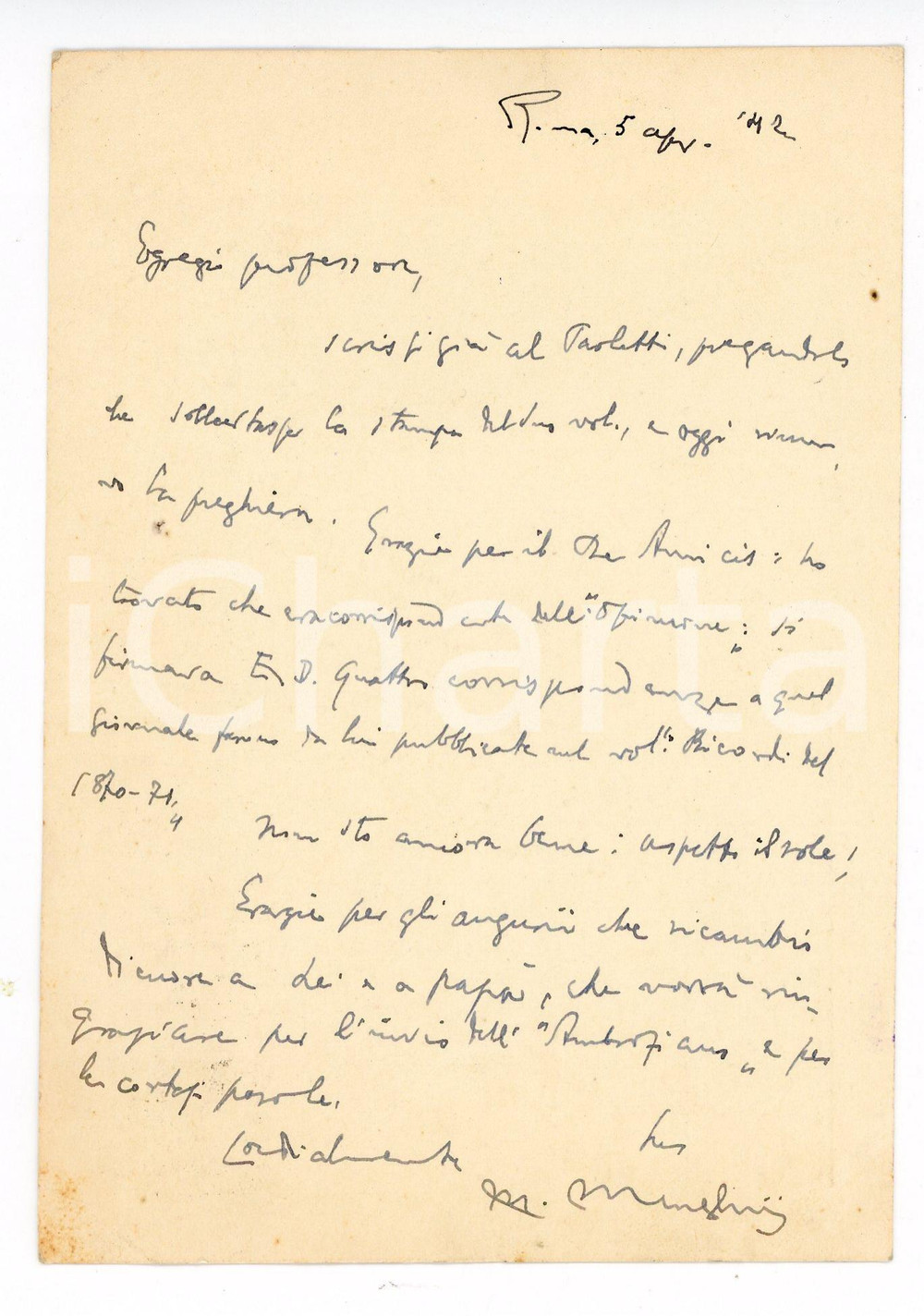 1942 ROMA Mario MENGHINI ringrazia per una pubblicazione - Autografo FG VG