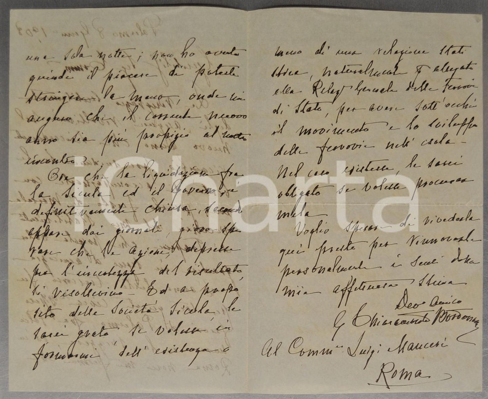 1908 PALERMO Lettera sen. Gabriele BORDONARO sulla Società Sicula - AUTOGRAFO