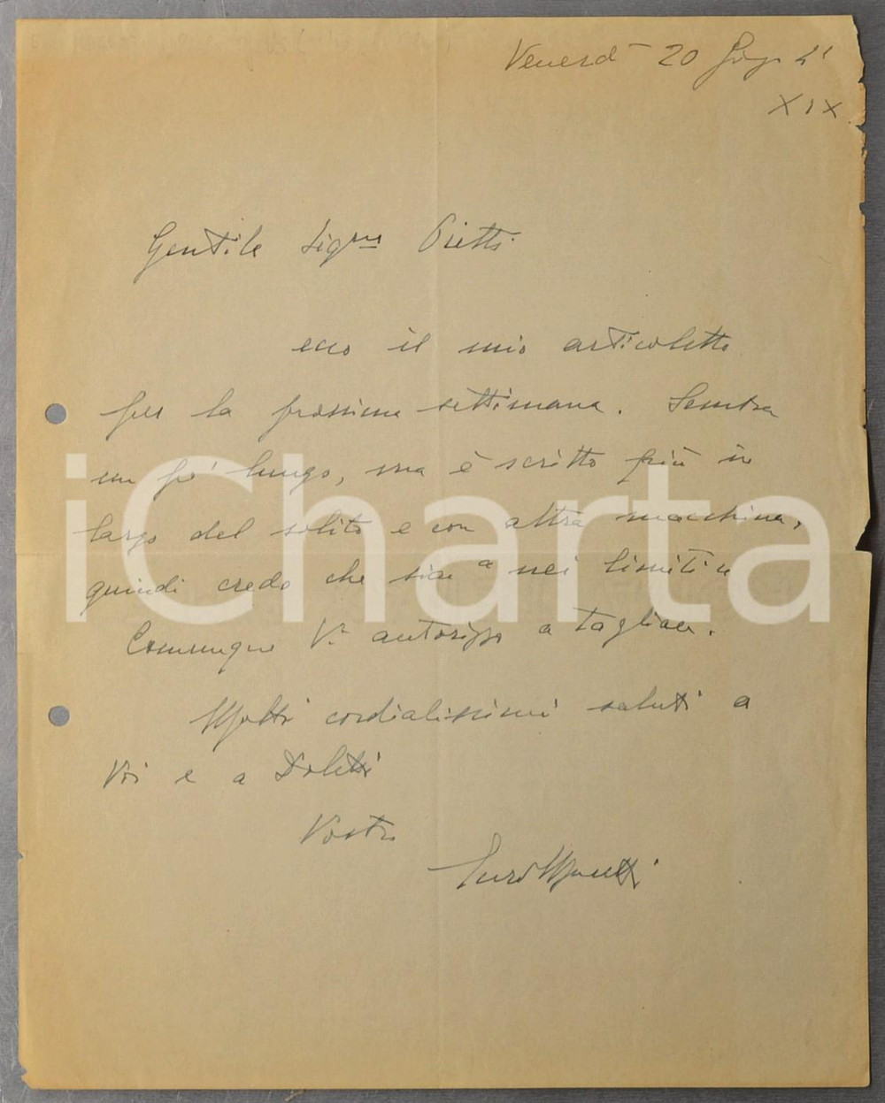 1941 ROMA Lettera Enzo MASETTI a Paola OJETTI per invio articolo - AUTOGRAFO