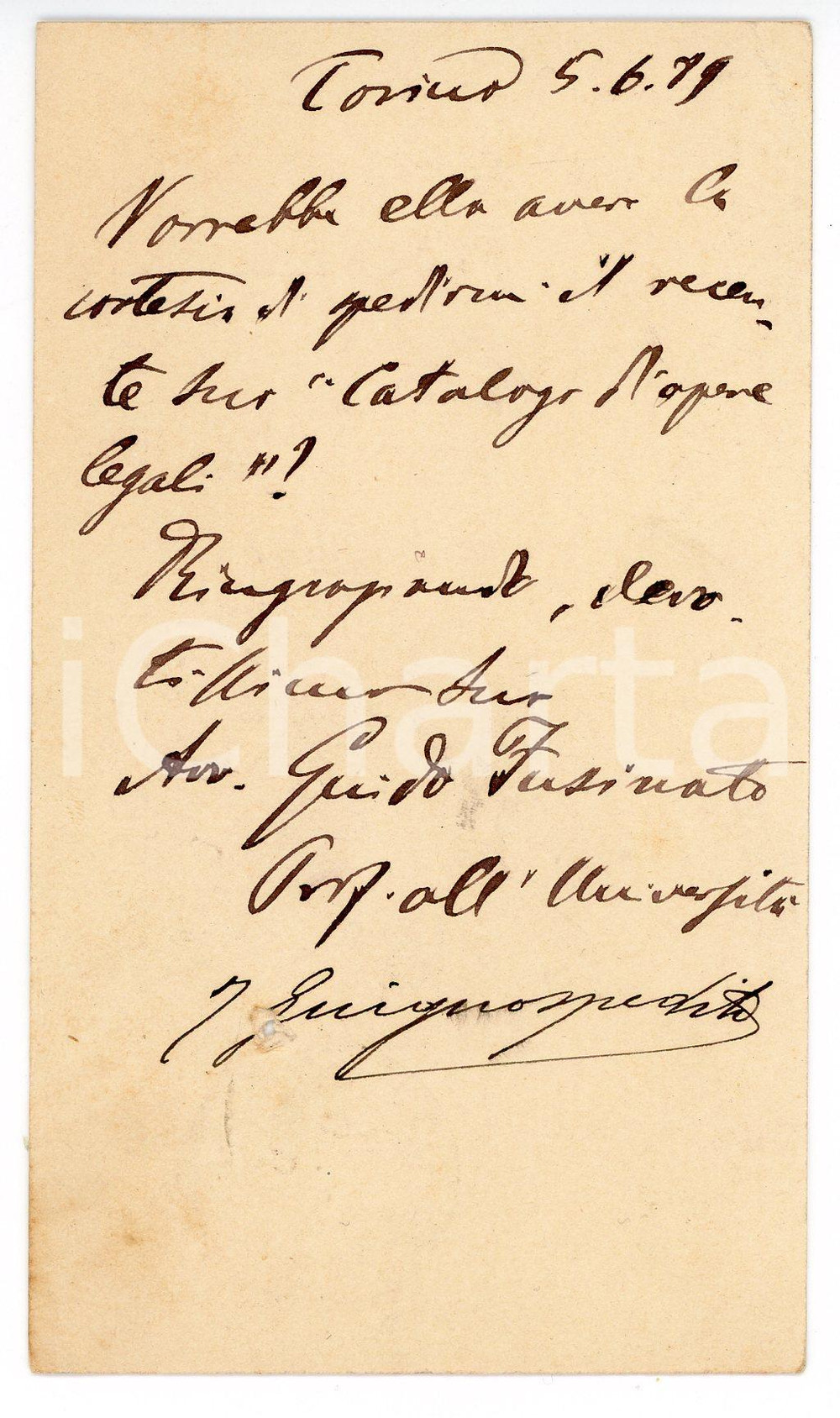 1889 TORINO Cartolina Guido FUSINATO per spedizione catalogo - AUTOGRAFO FP VG