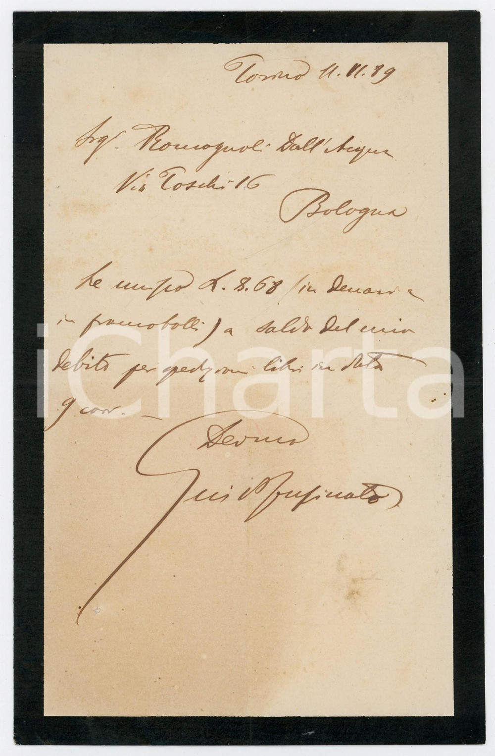 1889 TORINO Lettera Guido FUSINATO per saldo spedizione libri - AUTOGRAFO