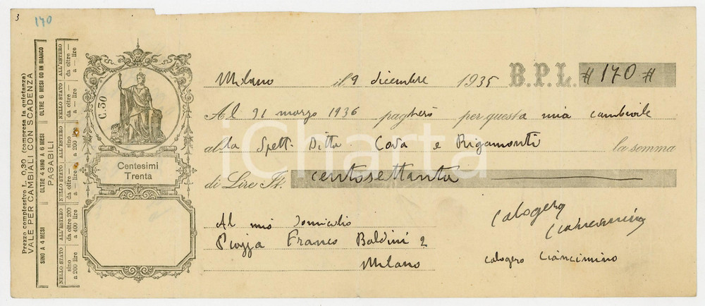 1935 MILANO Cambiale Calogero CIANCIMINO a ditta COVA & RIGAMONTI (1) AUTOGRAFO