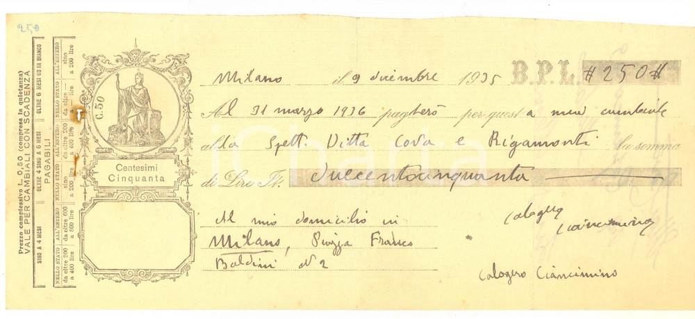 1935 MILANO Cambiale Calogero CIANCIMINO a ditta COVA & RIGAMONTI (4) AUTOGRAFO