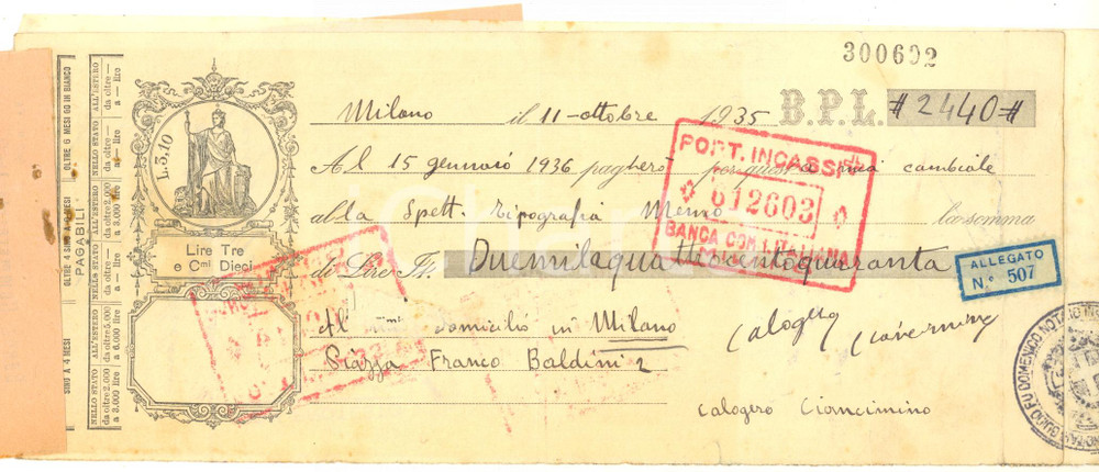 1935 MILANO Cambiale Calogero CIANCIMINO a Tipografia MEMO -  AUTOGRAFO