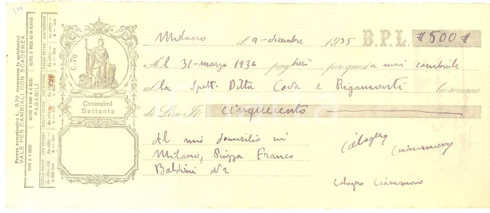 1935 MILANO Cambiale Calogero CIANCIMINO a ditta COVA & RIGAMONTI (2) AUTOGRAFO