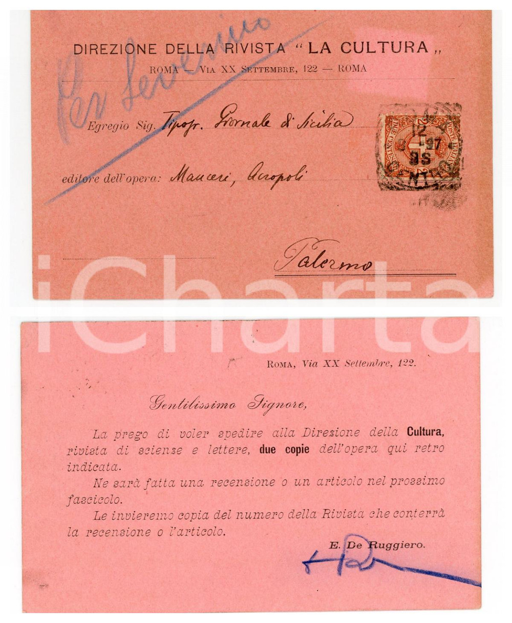 1897 ROMA Rivista LA CULTURA - Cartolina Ettore DE RUGGIERO - Autografo FP VG