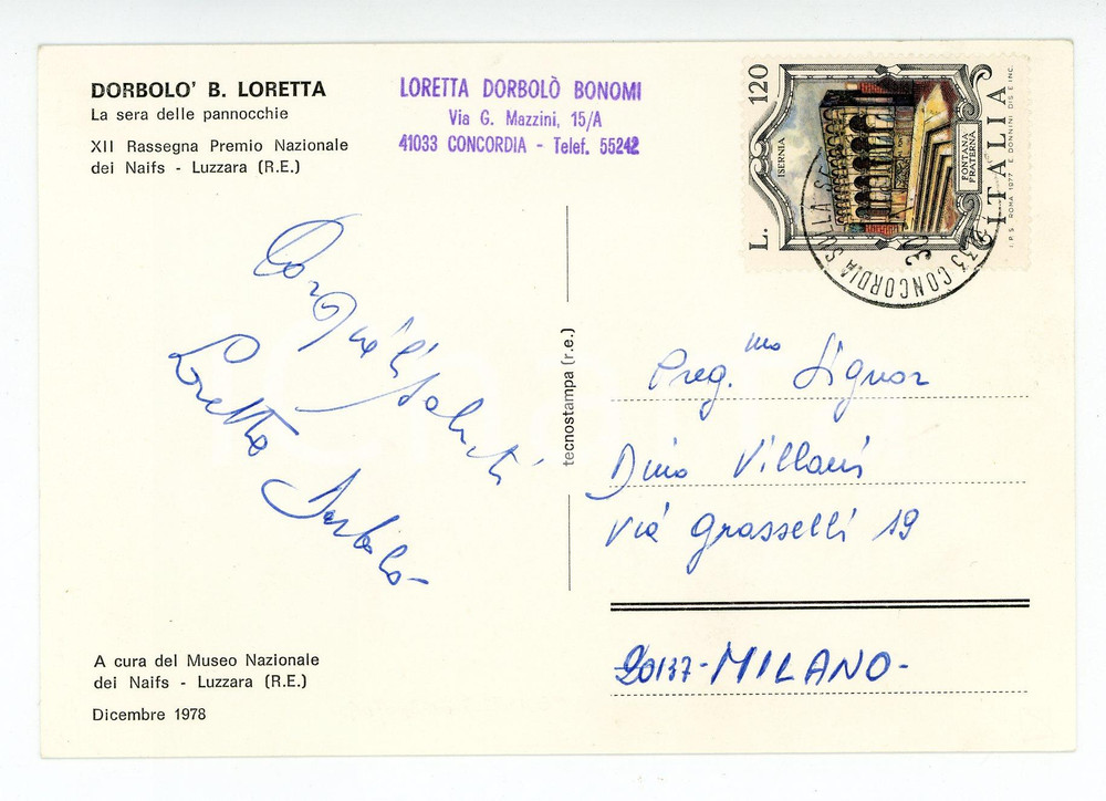 1978 Loretta DORBOLO' BONOMI "La sera delle pannocchie" *Cartolina AUTOGRAFA FG