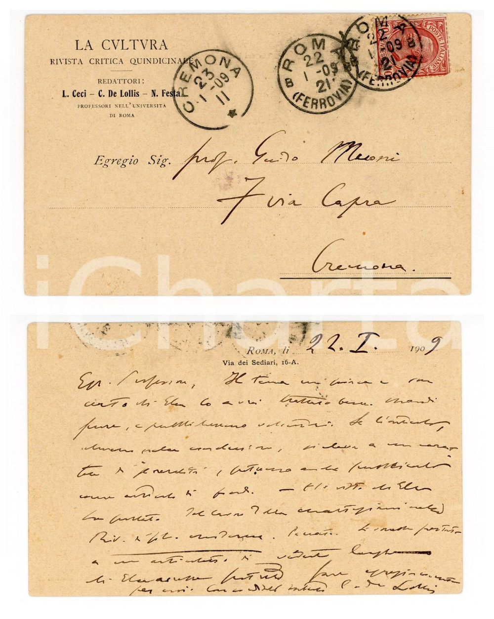 1909 ROMA LA CULTURA Cartolina Cesare DE LOLLIS per invio articolo - AUTOGRAFO