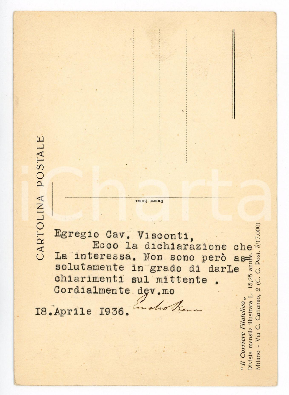 1936 MILANO FILATELIA Cartolina Emilio DIENA "Il corriere filatelico" *AUTOGRAFO