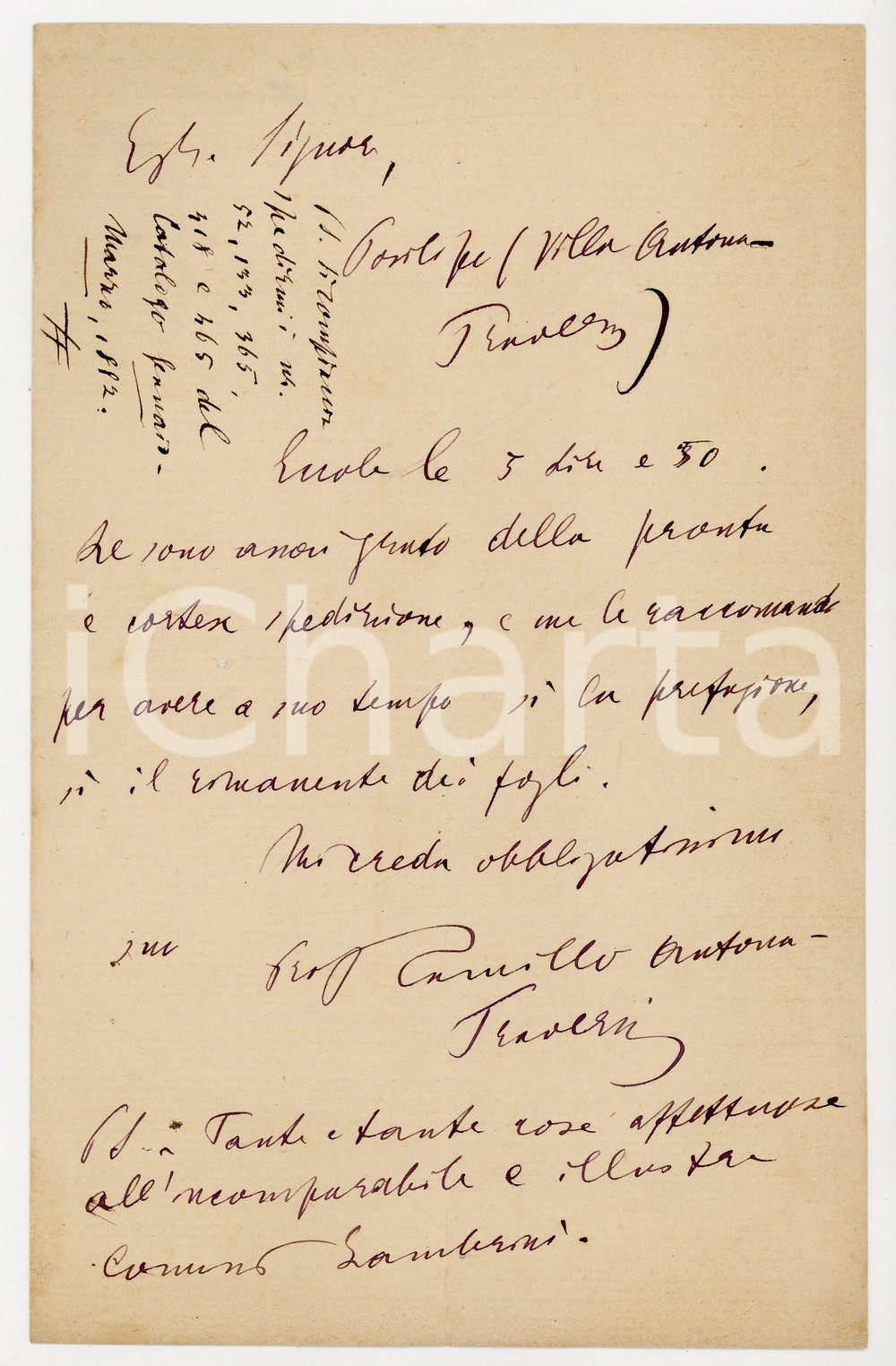 1882 POSILLIPO Lettera Camillo ANTONA TRAVERSI per spedizione testo *AUTOGRAFO