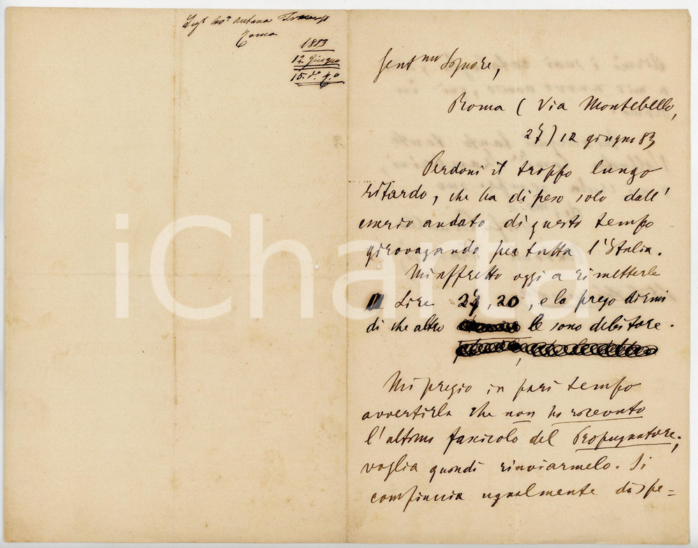 1883 ROMA Lettera Camillo ANTONA TRAVERSI per invio "Propugnatore" AUTOGRAFO