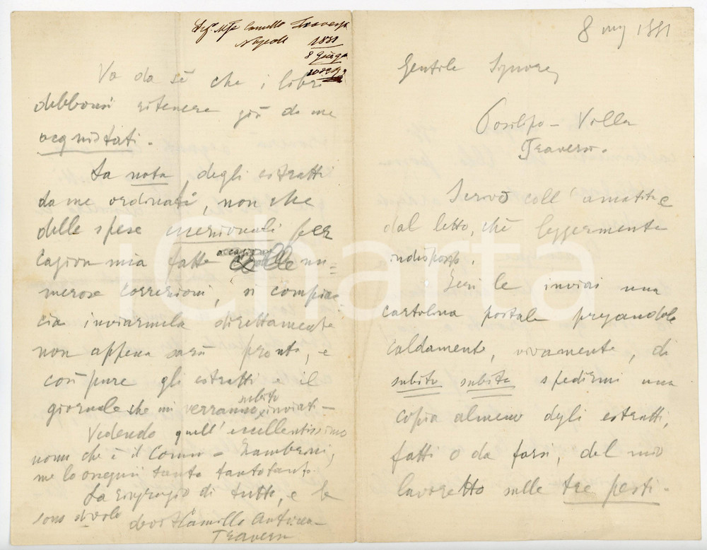 1881 NAPOLI Lettera Camillo ANTONA TRAVERSI per estratti di lavoro *AUTOGRAFO Lettera interamente autografa del celebre scrittore e commediografo, che richiede l'invio degli estratti di un suo lavoro.Scrittura a matita dovuta alla malattia:"... Scrivo coll'amatita e dal letto, ch&eacute; leggermente indisposto...". CONDIZIONI: FAIR (piegature d'epoca; piccolo foro centrale)PAGINE: 4     originale e autentica 1
