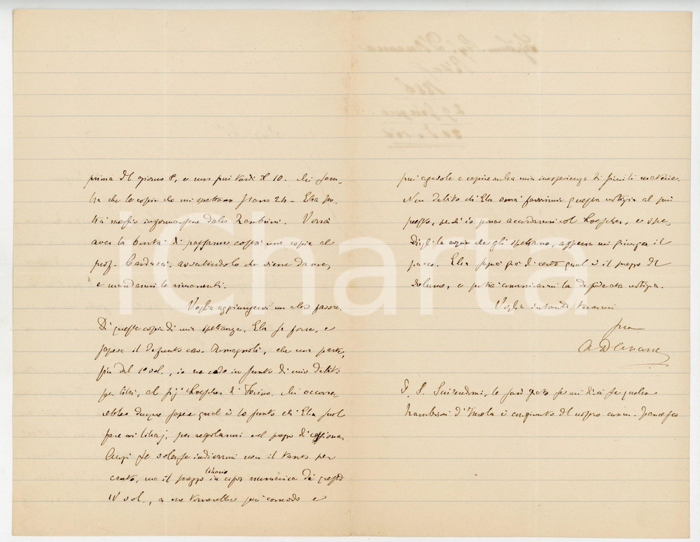 1886 PISA Lettera Alessandro D'ANCONA per spedizione in campagna - AUTOGRAFO
