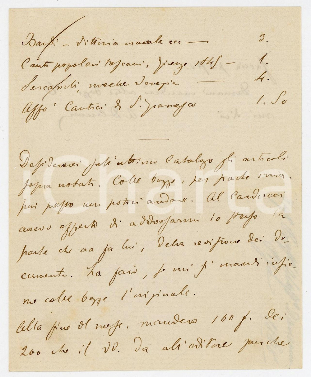1868 PISA Lettera Alessandro D'ANCONA per ordine a ROMAGNOLI - AUTOGRAFO