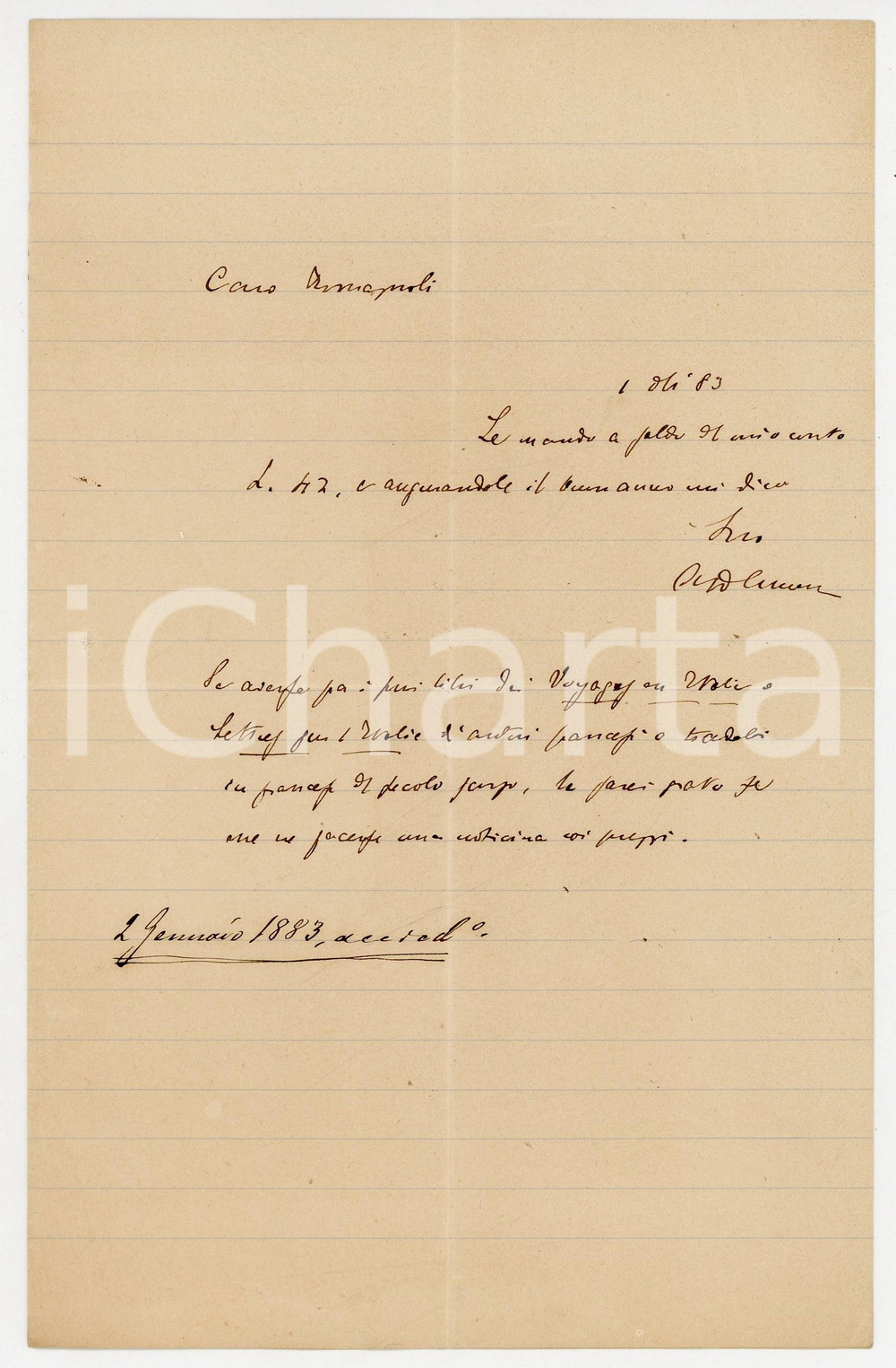 1883 PISA Lettera Alessandro D'ANCONA per auguri e saldo libri - AUTOGRAFO