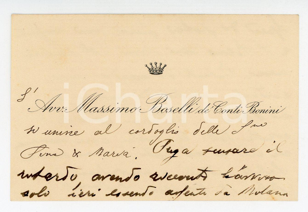 1940 MILANO Biglietto avv. Massimo BOSELLI de' conti BONINI - AUTOGRAFO