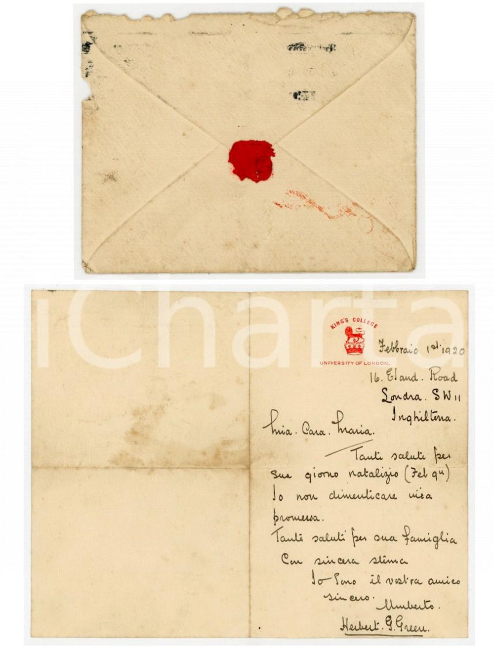 1920 LONDON KING'S COLLEGE Lettera Herbert G. GREEN per auguri *AUTOGRAFO