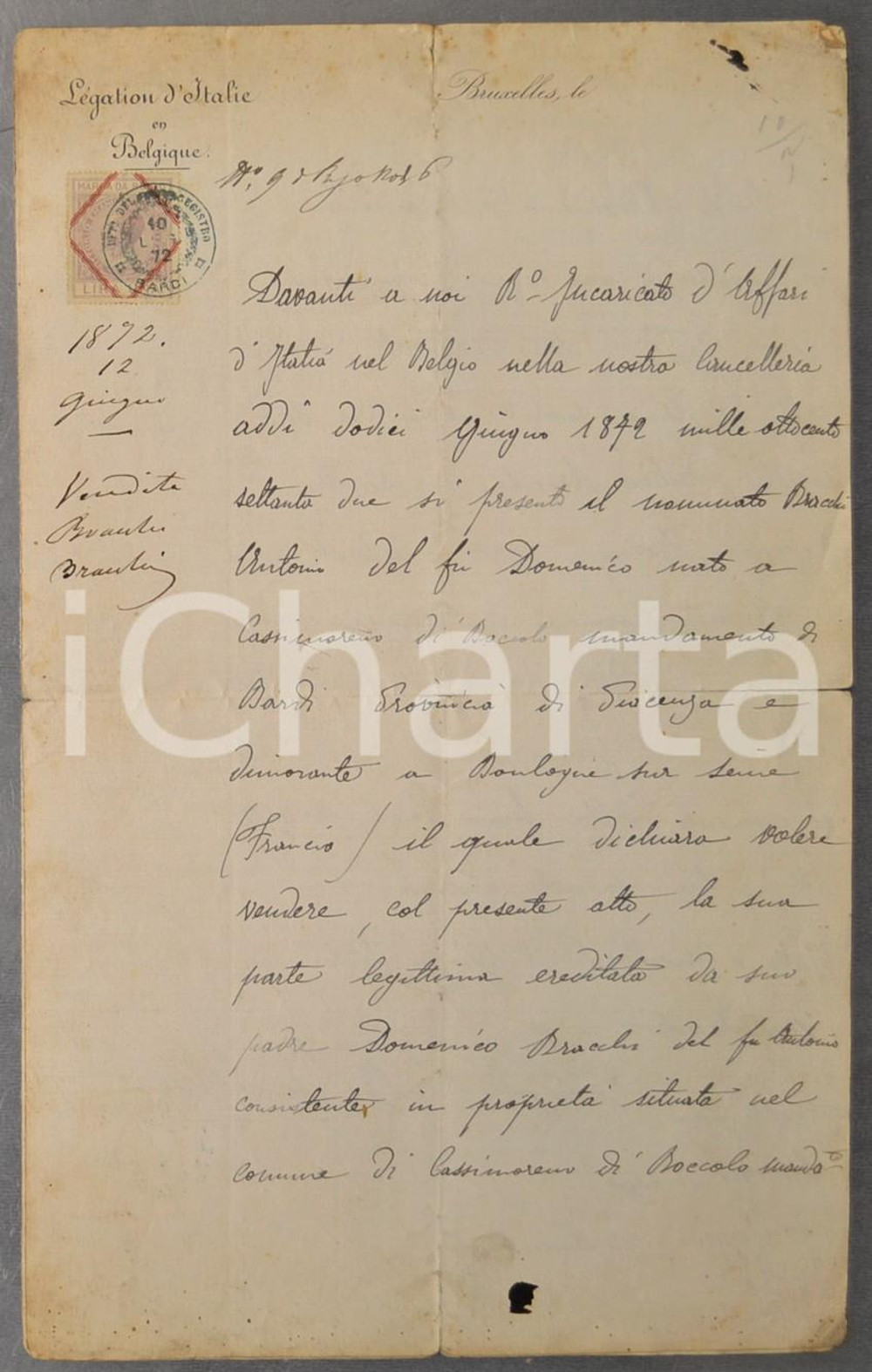1872 BRUXELLES Légation d'Italie - Antonio BRACCHI cede eredità alla sorella