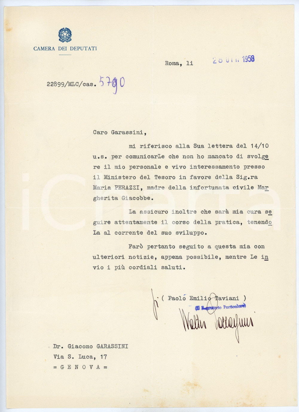 1958 ROMA Camera dei Deputati - Lettera Walter PACCAGNINI per pratica- AUTOGRAFO