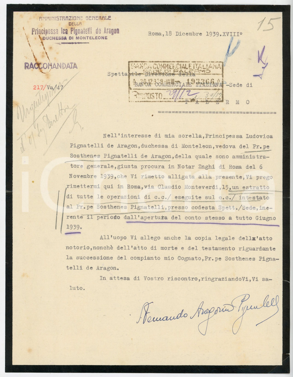 1939 ROMA Fernando ARAGONA PIGNATELLI pro interessi di famiglia AUTOGRAFO