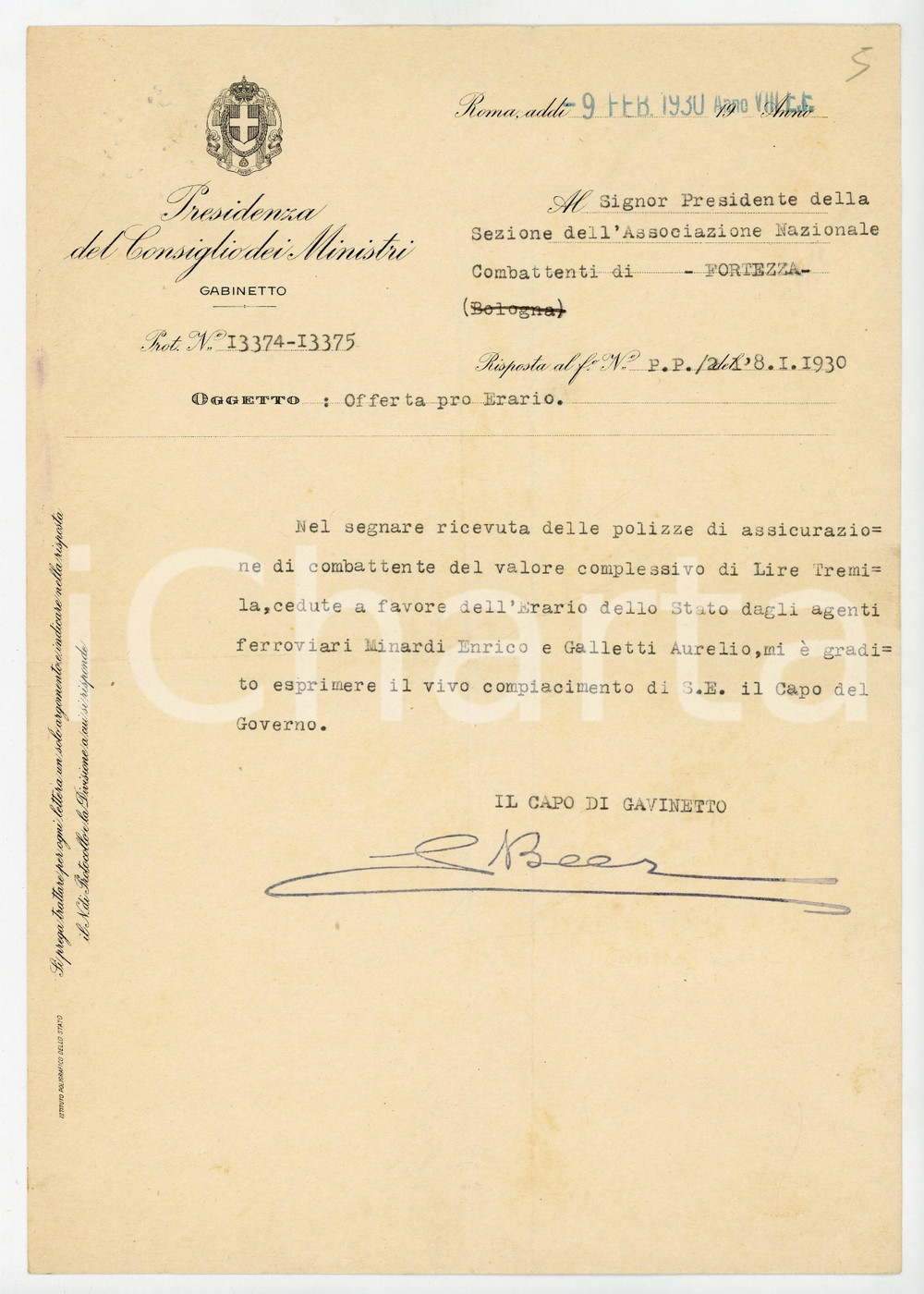 1930 ROMA Lettera Capo di Gabinetto Guido BEER per cessione polizze - AUTOGRAFO
