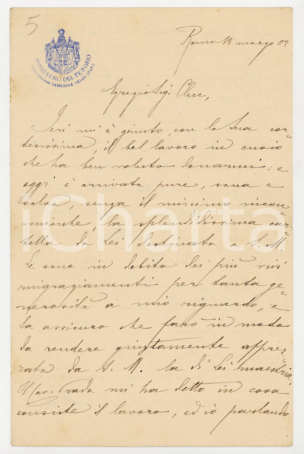 1902 ROMA Ministero Tesoro - Lettera Ragioneria dello Stato per ritratto del Re