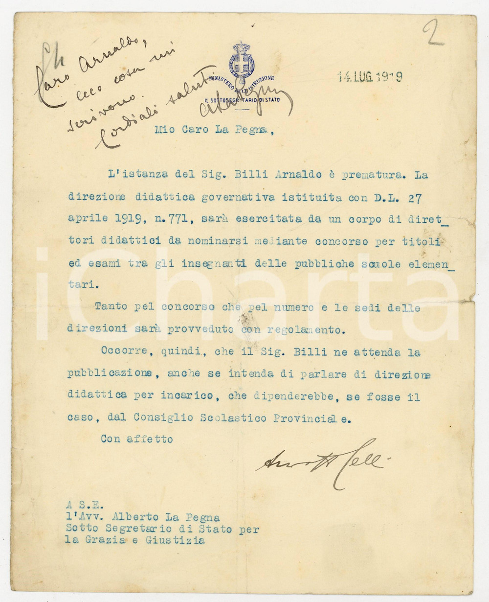 1919 ROMA Sottosegretario Guido CELLI all' avv. Alberto LA PEGNA - Autografi