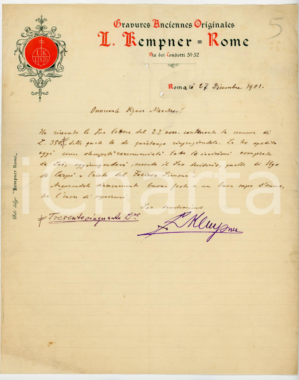 1901 ROMA Lettera Louis KEMPNER per una vendita di incisioni - AUTOGRAFO
