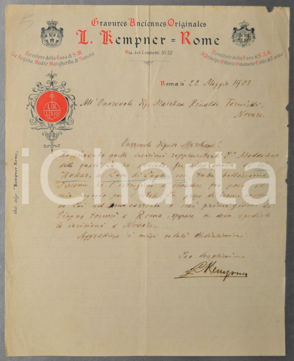 1903 ROMA Antiquario Louis KEMPNER chiude il negozio per l'estate - AUTOGRAFO