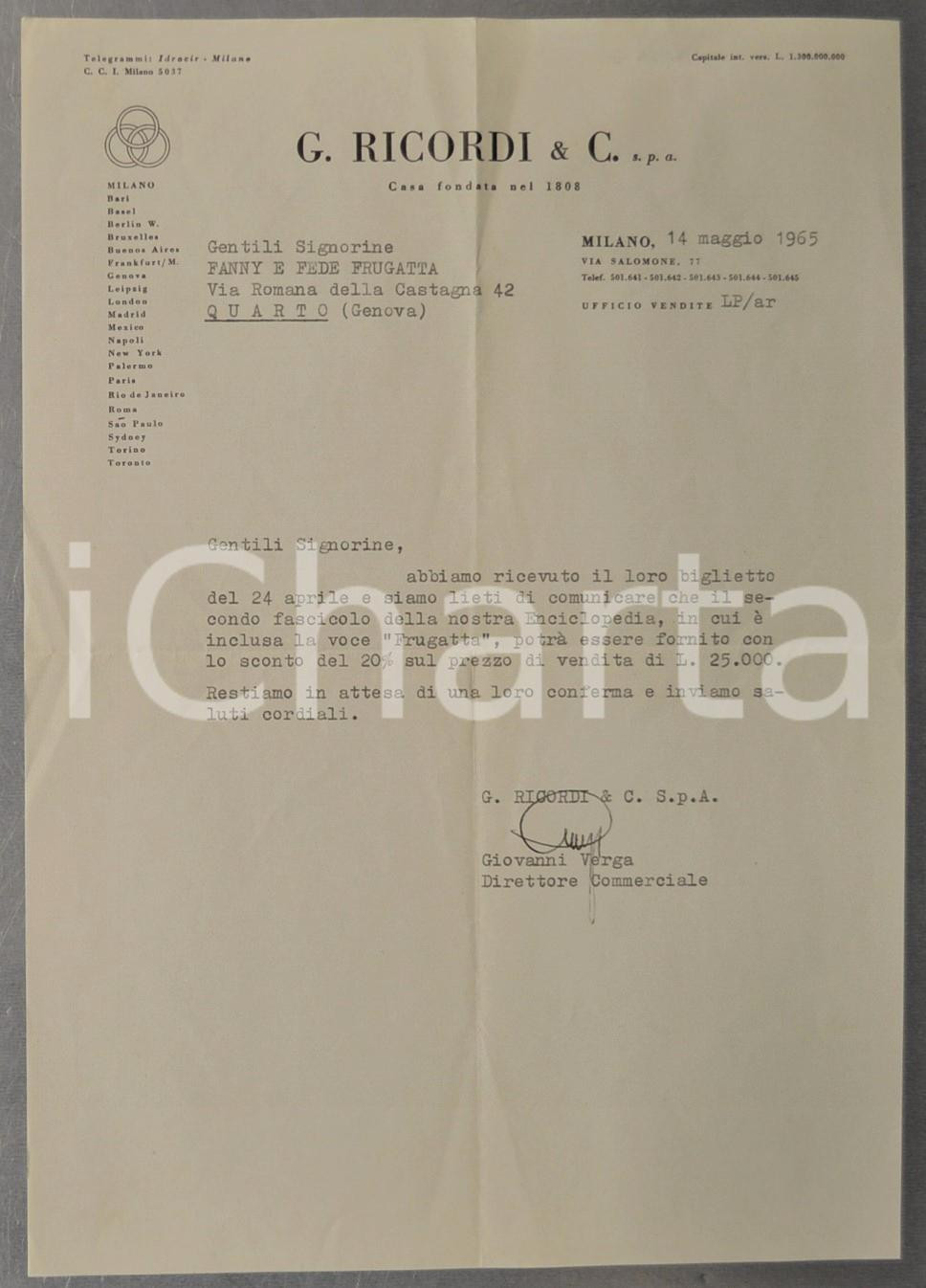 1965 MILANO Casa G. RICORDI & C. - Lettera Giovanni Verga per fascicolo