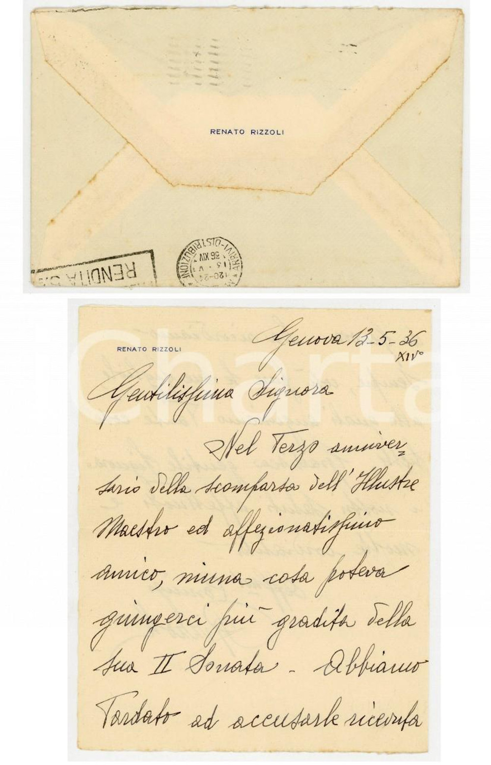1936 GENOVA Lettera prof. Renato RIZZOLI in ricordo di Giuseppe Frugatta