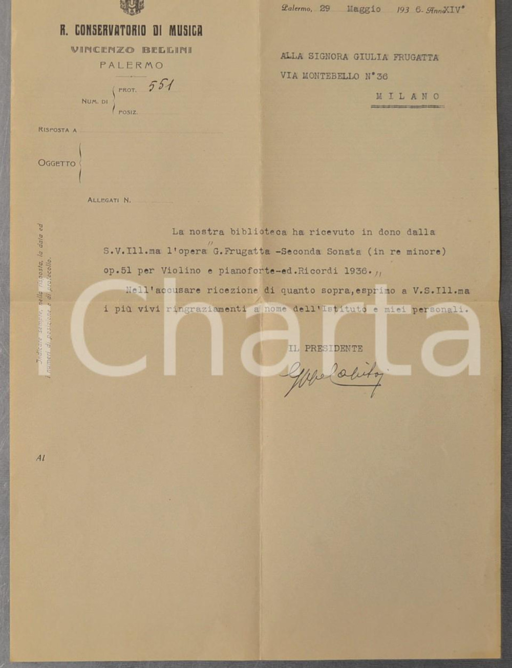 1936 PALERMO Lettera presidente Conservatorio "Vincenzo Bellini" - AUTOGRAFO