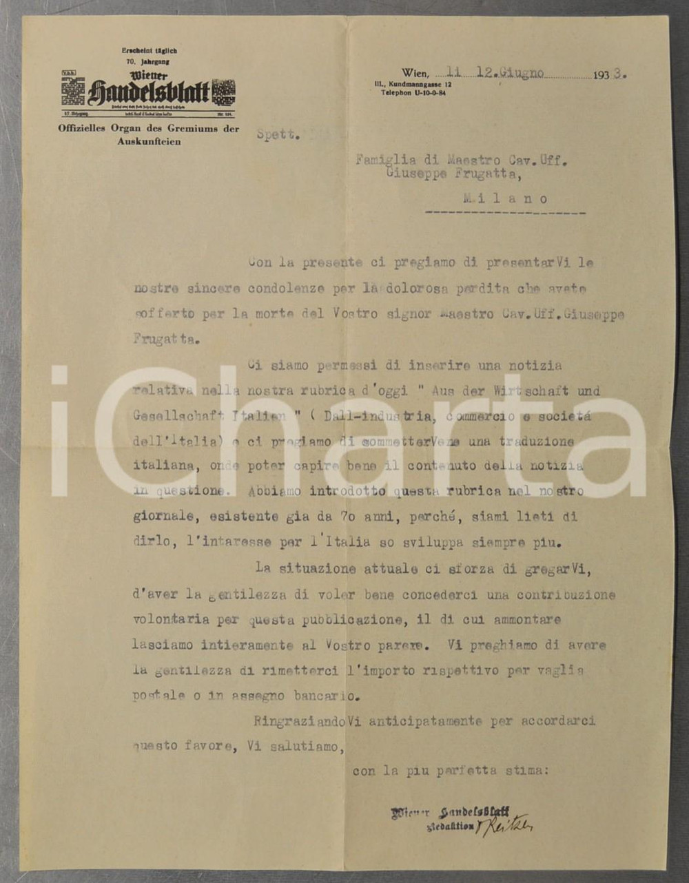 1933 WIEN Lettera Hermann REITZER per necrologio sul WIENER HANDELSBLATT