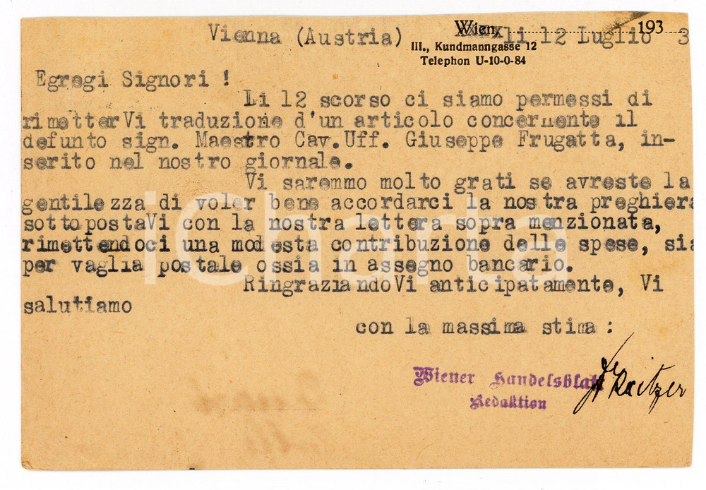 1933 WIEN Cartolina Hermann REITZER per necrologio sul WIENER HANDELSBLATT