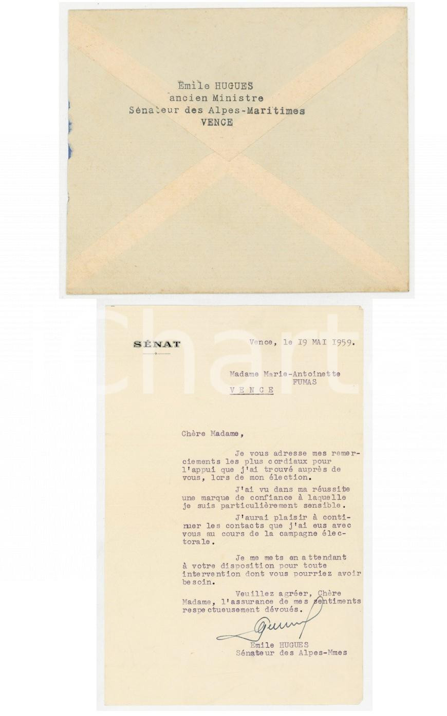 1959 VENCE Lettre sénateur Emile HUGUES après son élection *AUTOGRAPHE