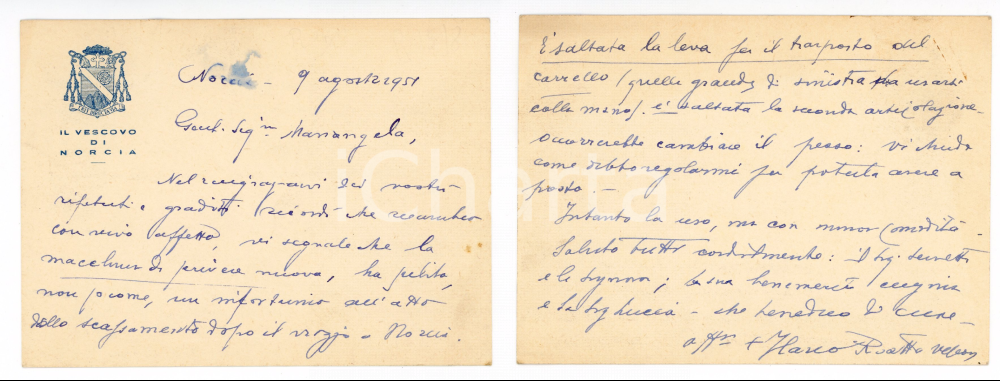1951 NORCIA Biglietto mons. Ilario ROATTA per macchina da scrivere *AUTOGRAFO