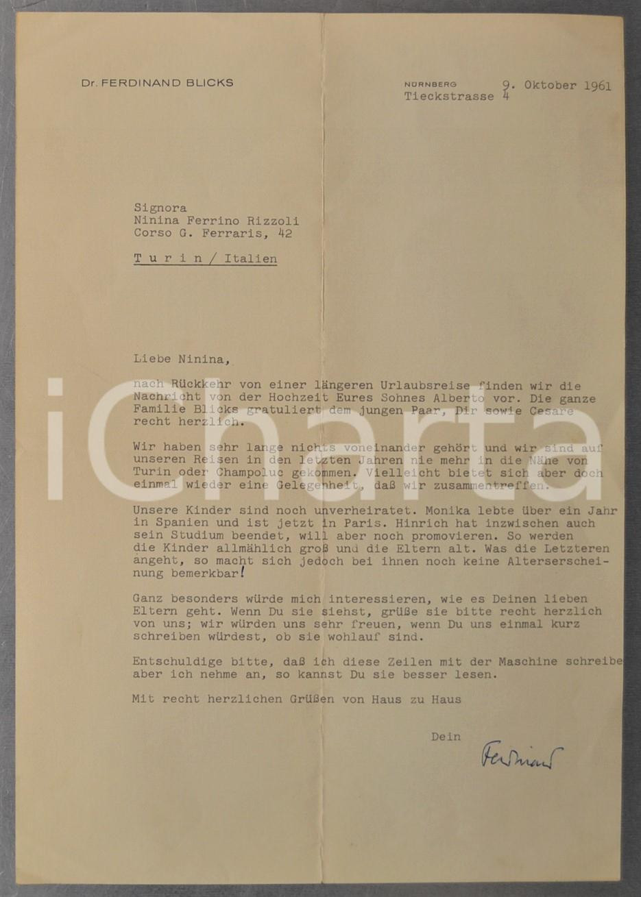 1961 NURNBERG Lettera dr. Ferdinand BLICKS a Ninina FERRINO RIZZOLI *AUTOGRAFO