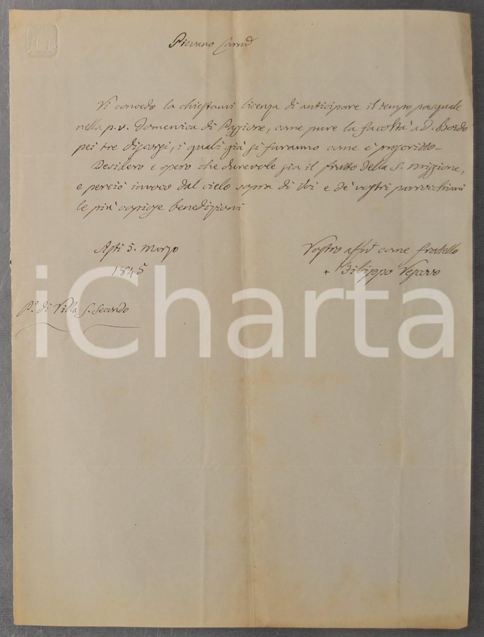 1845 ASTI Mons. Filippo ARTICO per anticipazione tempo pasquale - AUTOGRAFO