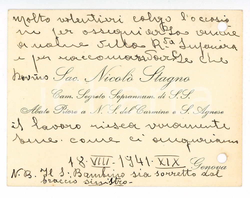 1941 GENOVA Biglietto sac. Nicolò STAGNO per lavoro a una statua *AUTOGRAFO