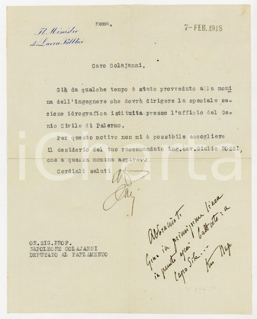 1918 ROMA Ministro Luigi DARI nega nomina a un raccomandato - AUTOGRAFO