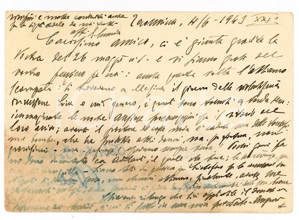 1943 WW2 TAORMINA Cartolina prof. Emilio LUMIA scampato alle bombe - AUTOGRAFO