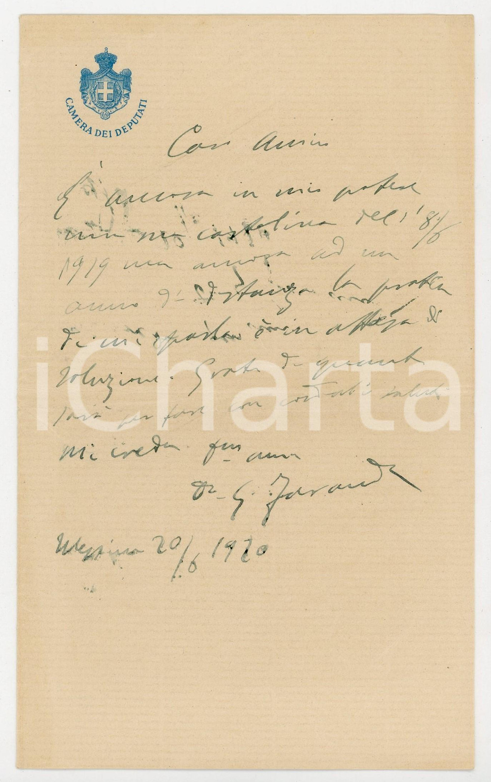1920 MESSINA Lettera on. Giuseppe FARANDA per istanza in sospeso - AUTOGRAFO