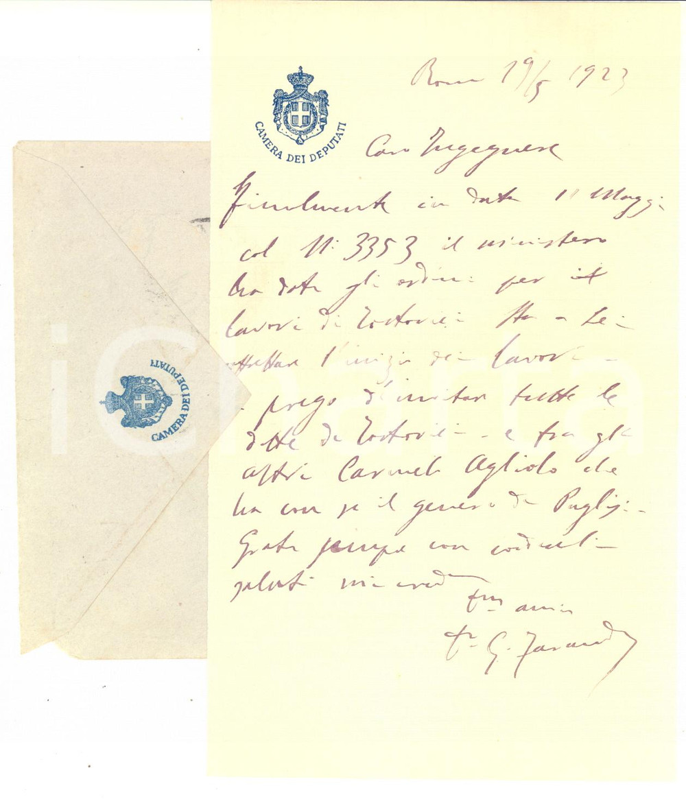 1923 ROMA Lettera on. Giuseppe FARANDA per affrettare lavori - AUTOGRAFO