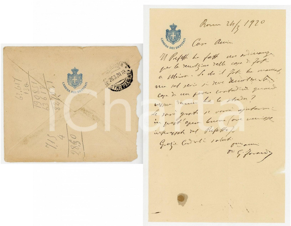 1920 ROMA Lettera on. Giuseppe FARANDA per demolizione di una casa- AUTOGRAFO