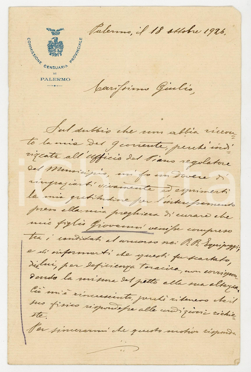 1926 PALERMO Lettera Ennio CARAPEZZA TEDALDI per il figlio escluso - AUTOGRAFO
