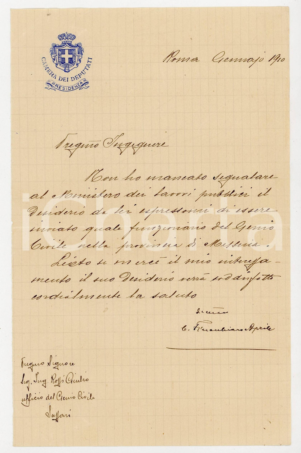 1910 ROMA Lettera Camillo FINOCCHIARO APRILE pro ing. Giulio ROSSI - AUTOGRAFO
