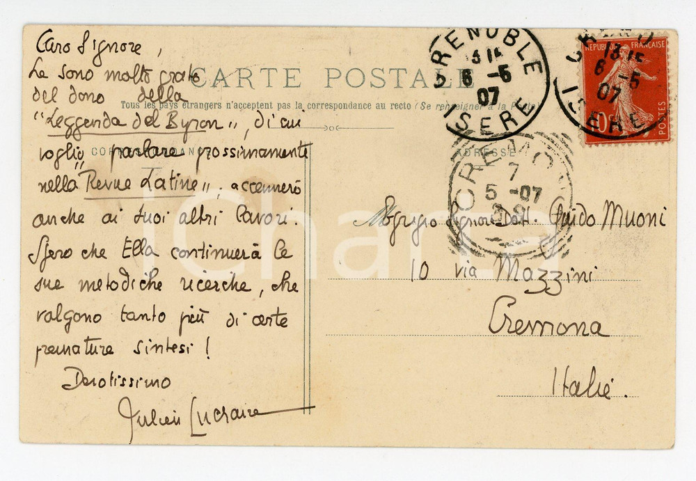 1907 GRENOBLE Cartolina Julien LUCHAIRE per libro ricevuto - AUTOGRAFO