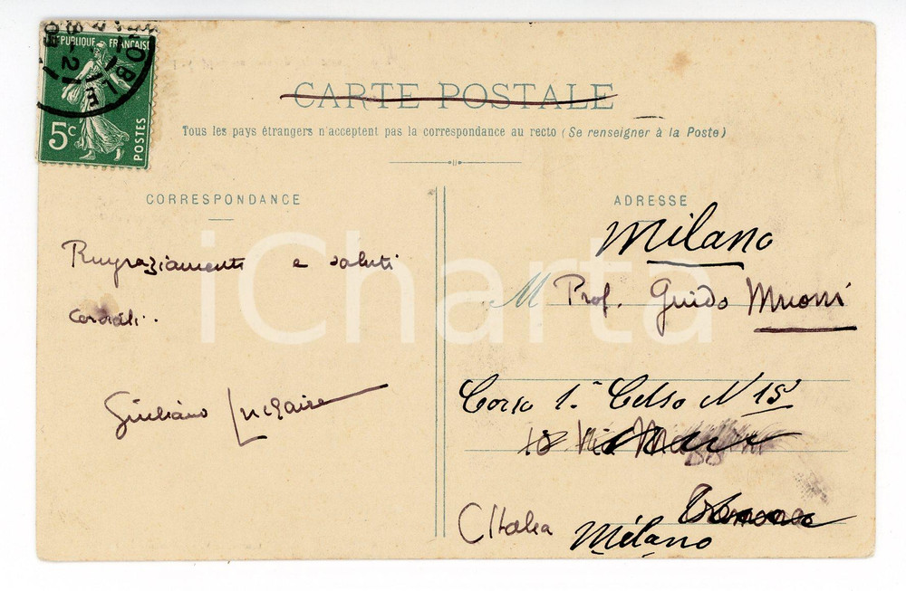 1908 GRENOBLE Cartolina Julien LUCHAIRE per ringraziamento - AUTOGRAFO FP VG